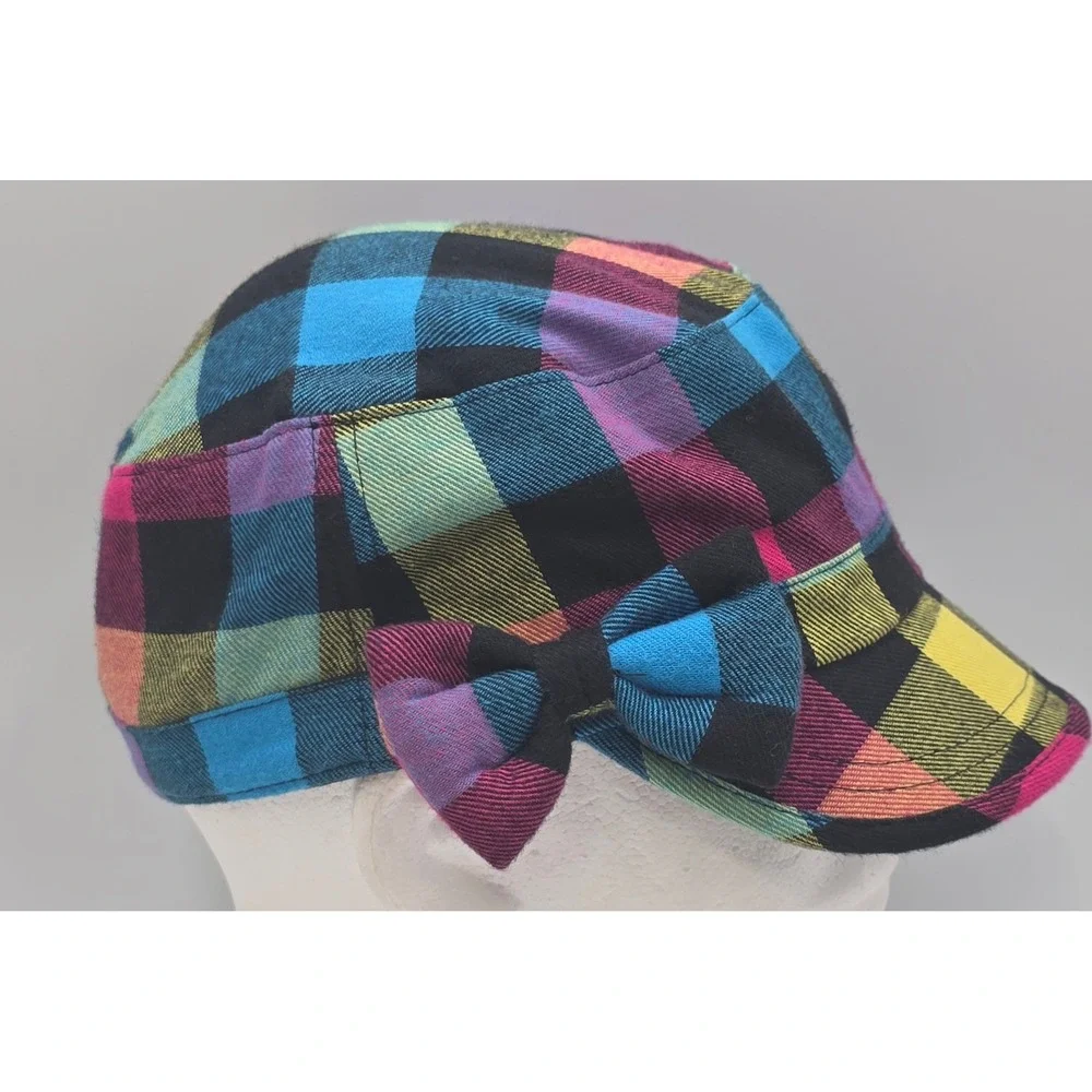 Disney Cadet Hat‎ Adult Size 7 Rainbow Patchwork Plaid Neon Mickey Mouse Bow Cap